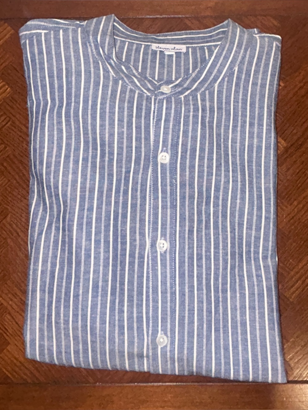 Steven Alan Blue and woven cotton White Vertical Stripe Band-Collar Shirt